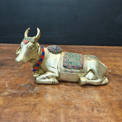 Brass Nandi Idol Stone Work For Home Decor Showpiece 9 Inch by vendor-unknown - Spiritual