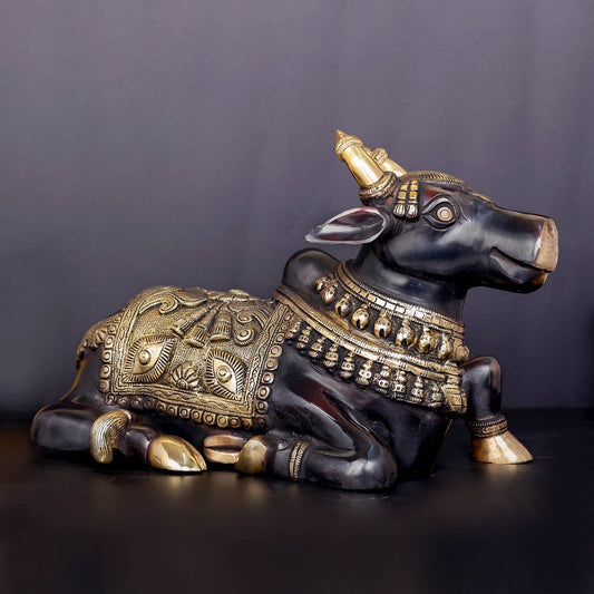Brass Nandi Statue With Enhanced Carvings Black Patina Finish 15 Inch