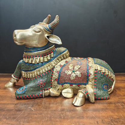 Brass Nandi Statue With Stone Work For Decor Showpiece 3 Feet by vendor-unknown - Spiritual