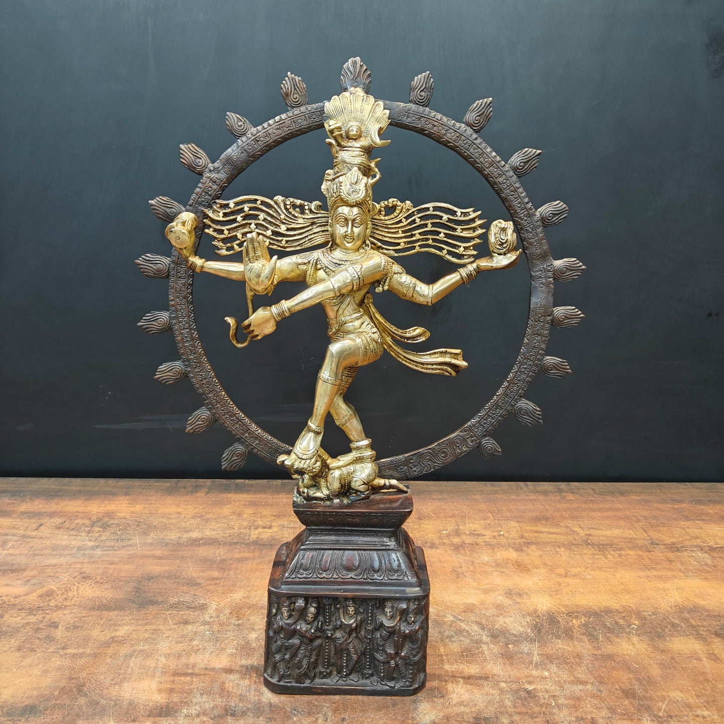 Brass Nataraja Idol On Pedestal Engraved with Aspects of Shiva 22 Inch