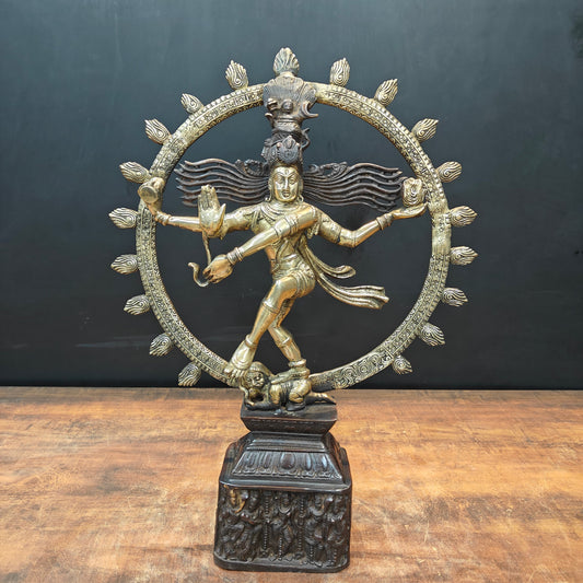 Brass Nataraja Statue On Pedestal Engraved with Aspects of Shiva 22 Inch
