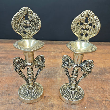 Brass Oil Lamp Diya Pair For Home Temple Decor Showpiece 9 Inch by vendor-unknown - Spiritual