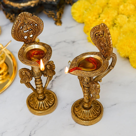Brass Oil Lamp Diya Pair For Home Temple Religious Decor Showpiece 8 Inch