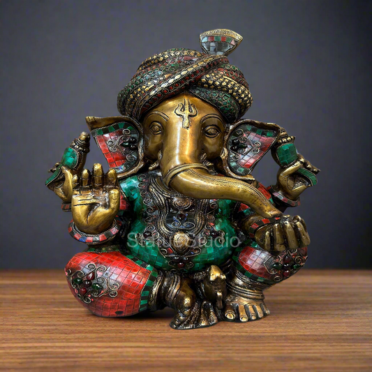 Brass Pagadi Ganesha Idol Antique Stone Work For Home Decor 1.5 Feet