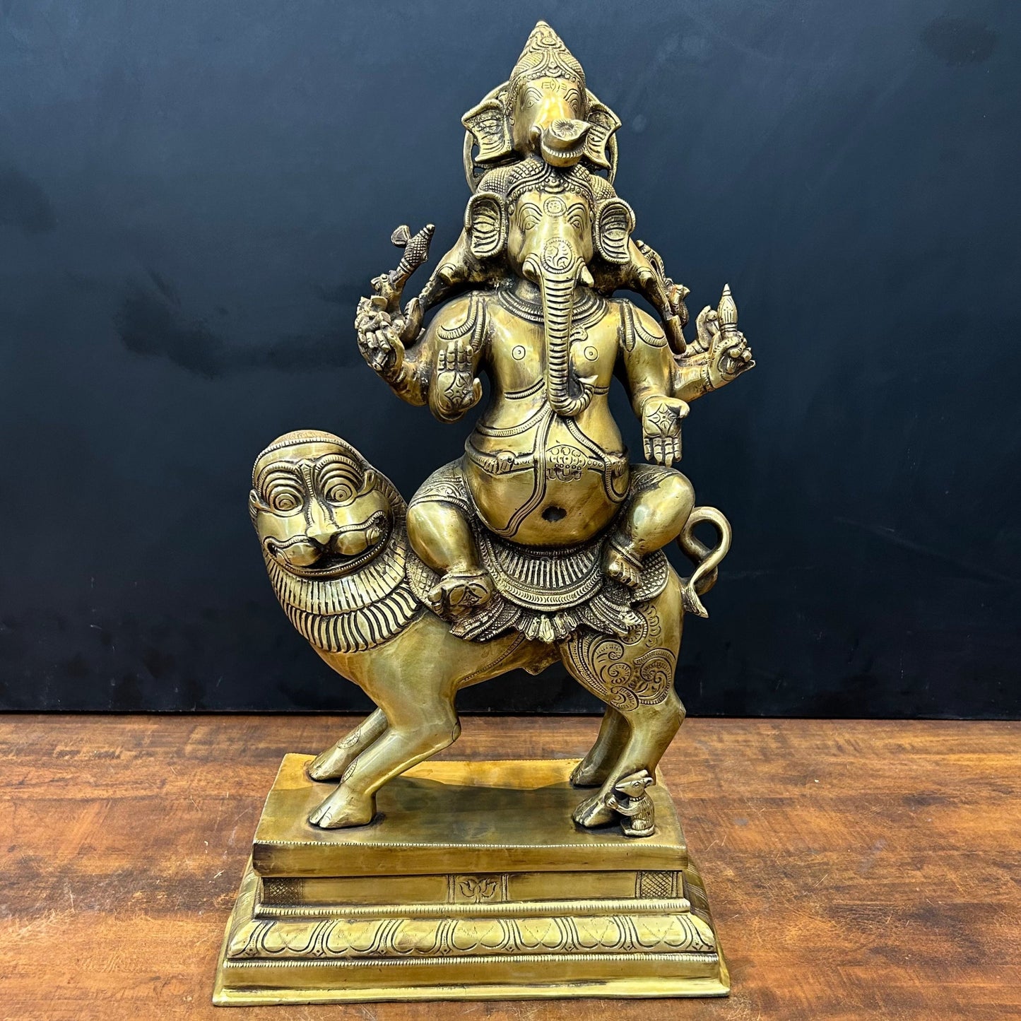 Brass Panchmukhi Ganesha Idol Seated On Lion Heramba Statue 22.5 Inch