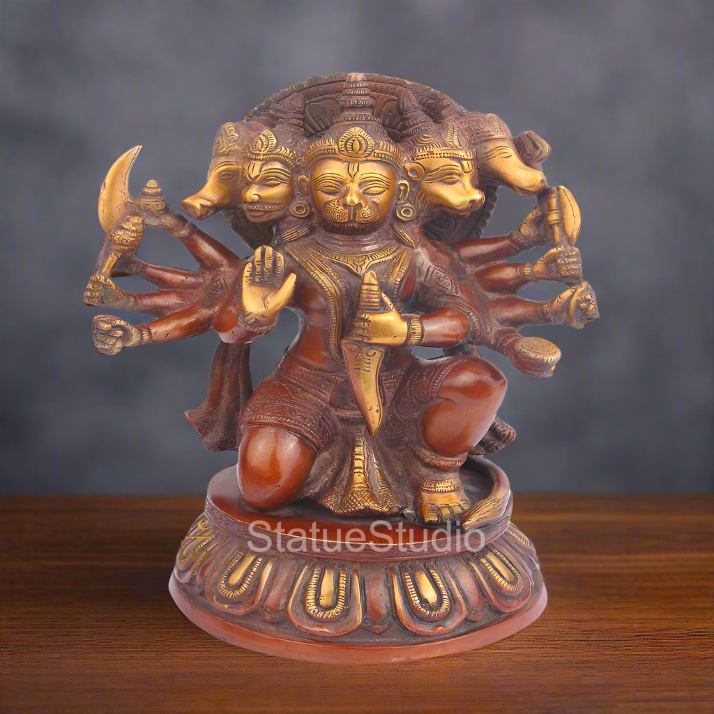 Brass Panchmukhi Hanuman Idol Antique Finish For Home Decor 11" - Eco-friendly - Sama Homes