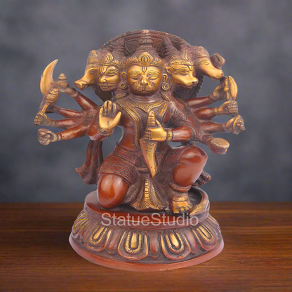 Brass Panchmukhi Hanuman Idol Antique Finish For Home Decor 11" by vendor-unknown - Hindu Gods