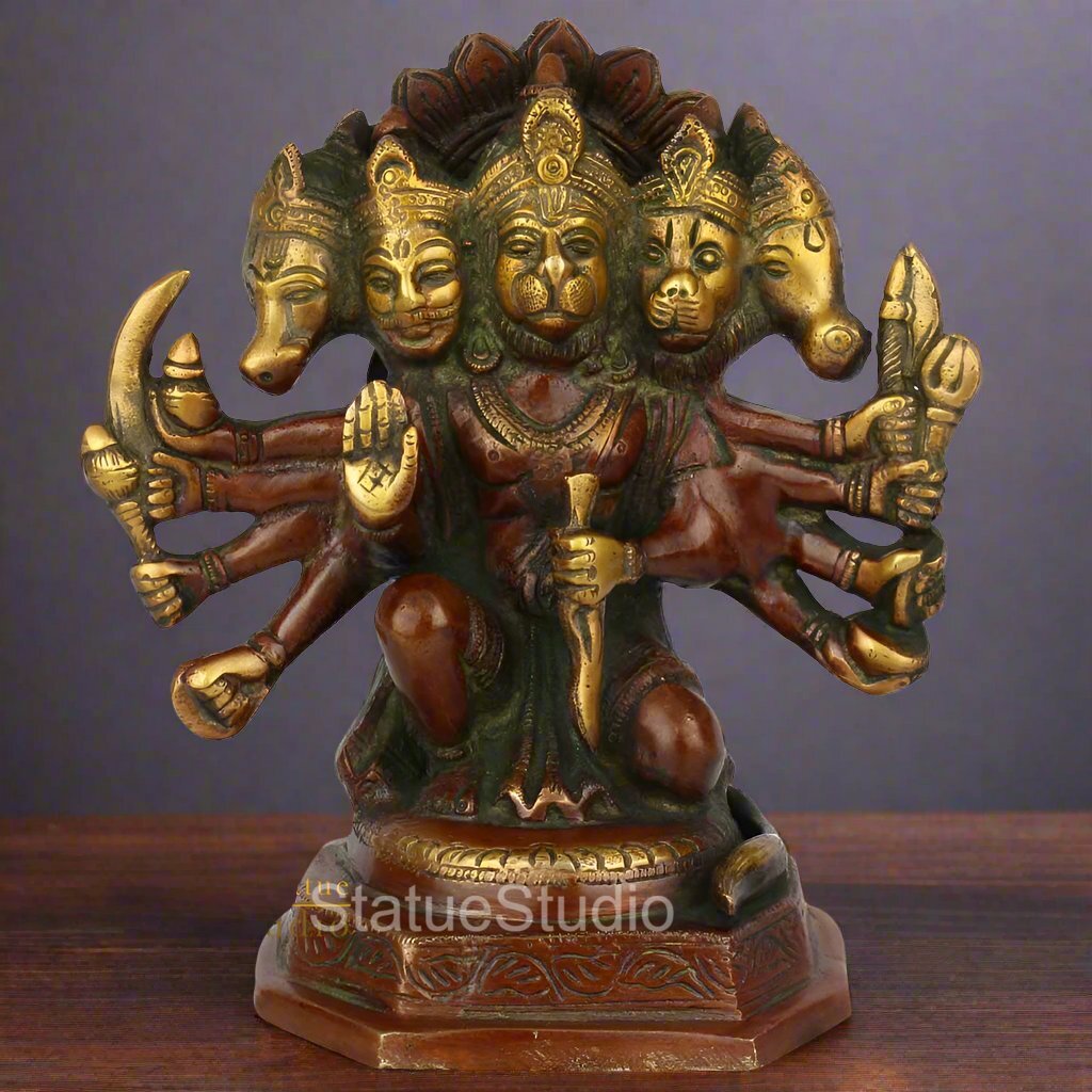 Brass Panchmukhi Hanuman Idol Antique Finish For Home Decor 7" - Eco-friendly - Sama Homes