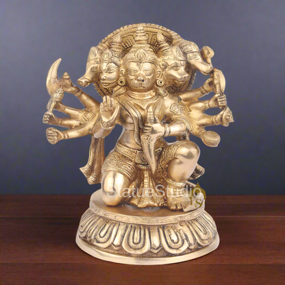 Brass Panchmukhi Hanuman Idol On Round Base For Home Decor 11" by vendor-unknown - Hindu Gods