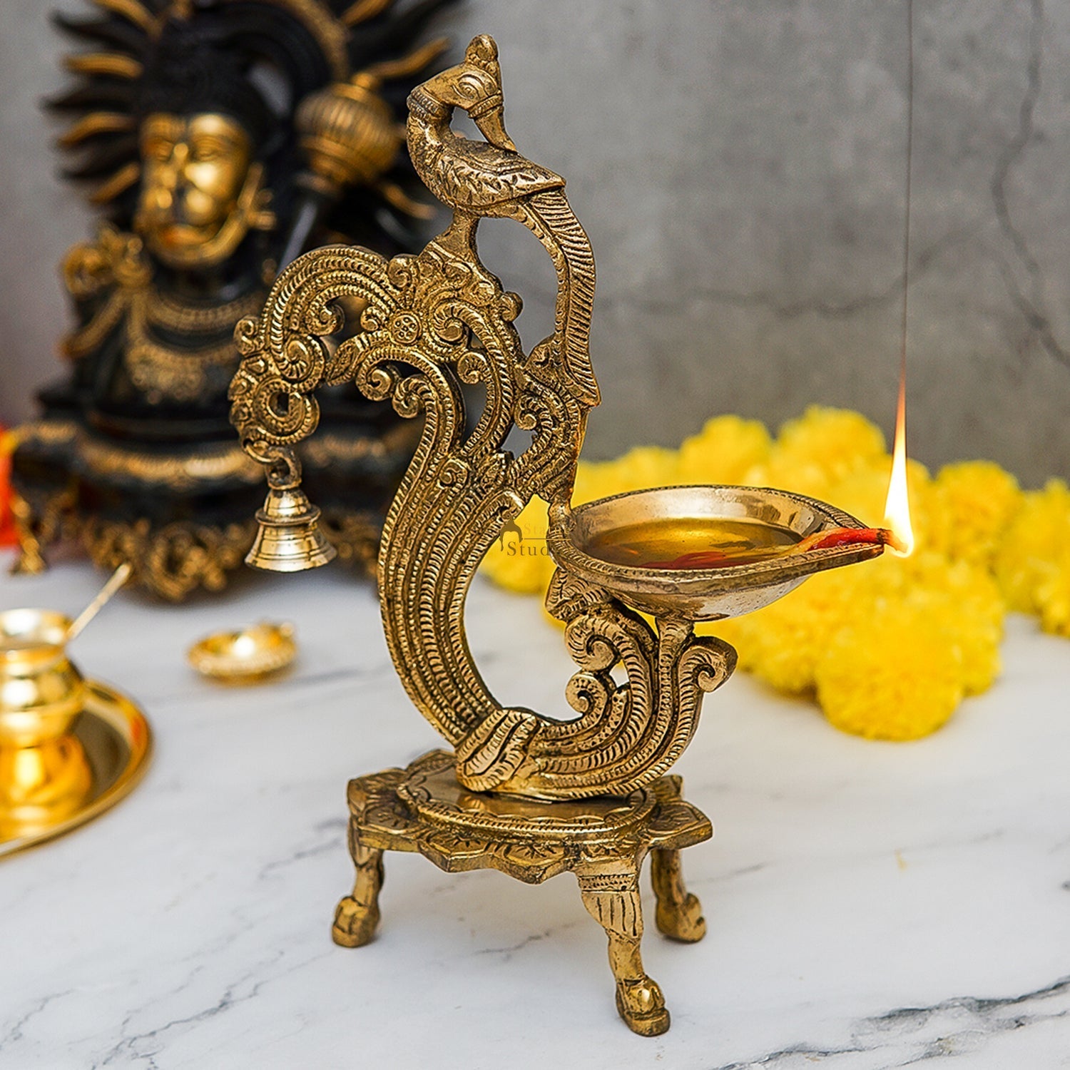 Brass Parrot Lamp Diya With Bell 12 Inches - Eco-friendly - Sama Homes