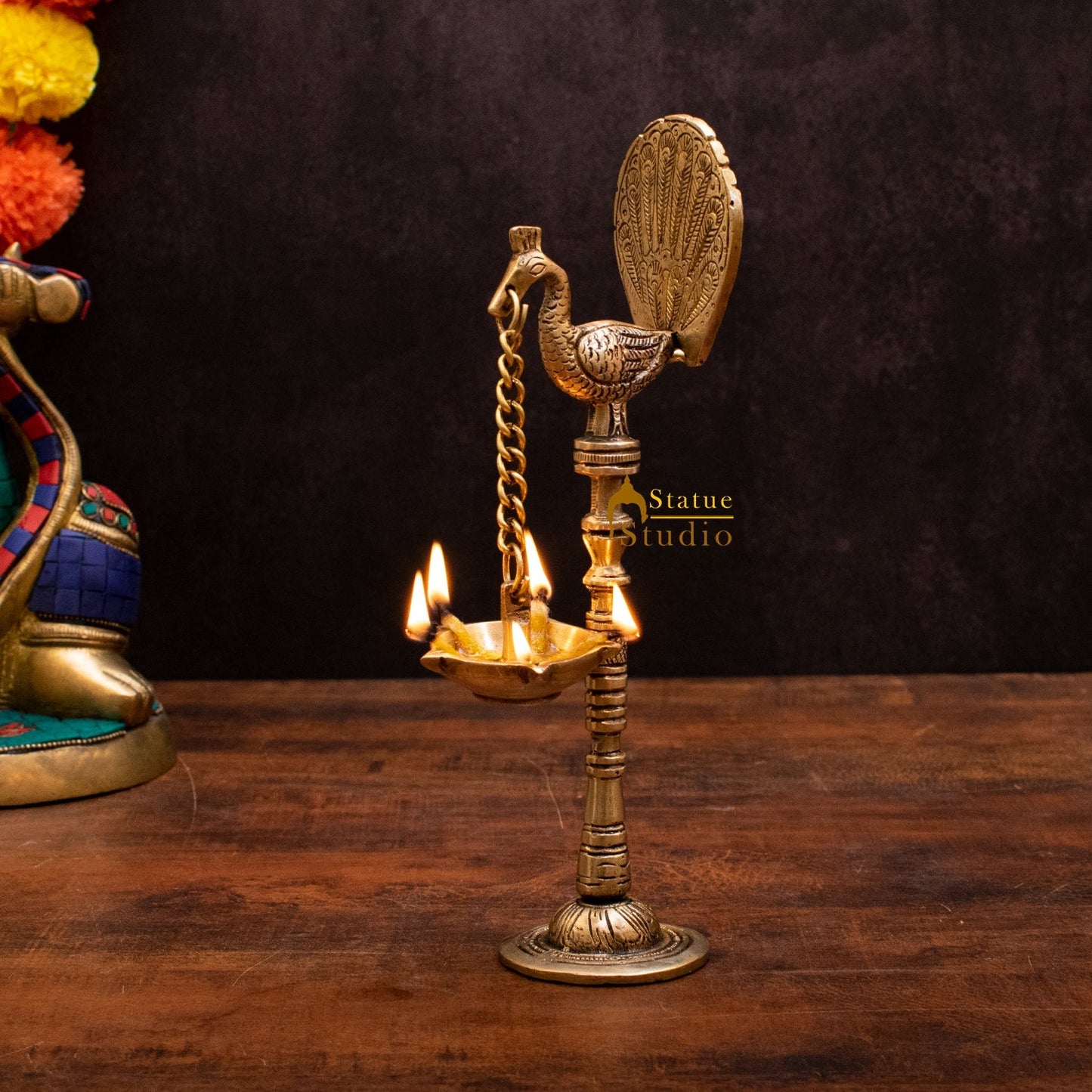 Brass Peacock Diya Lamp For Home Temple Decor 9 Inch
