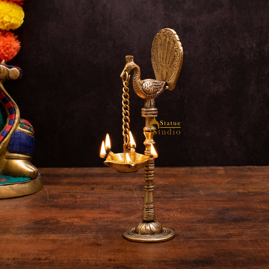 Brass Peacock Diya Lamp For Home Temple Decor 9 Inch