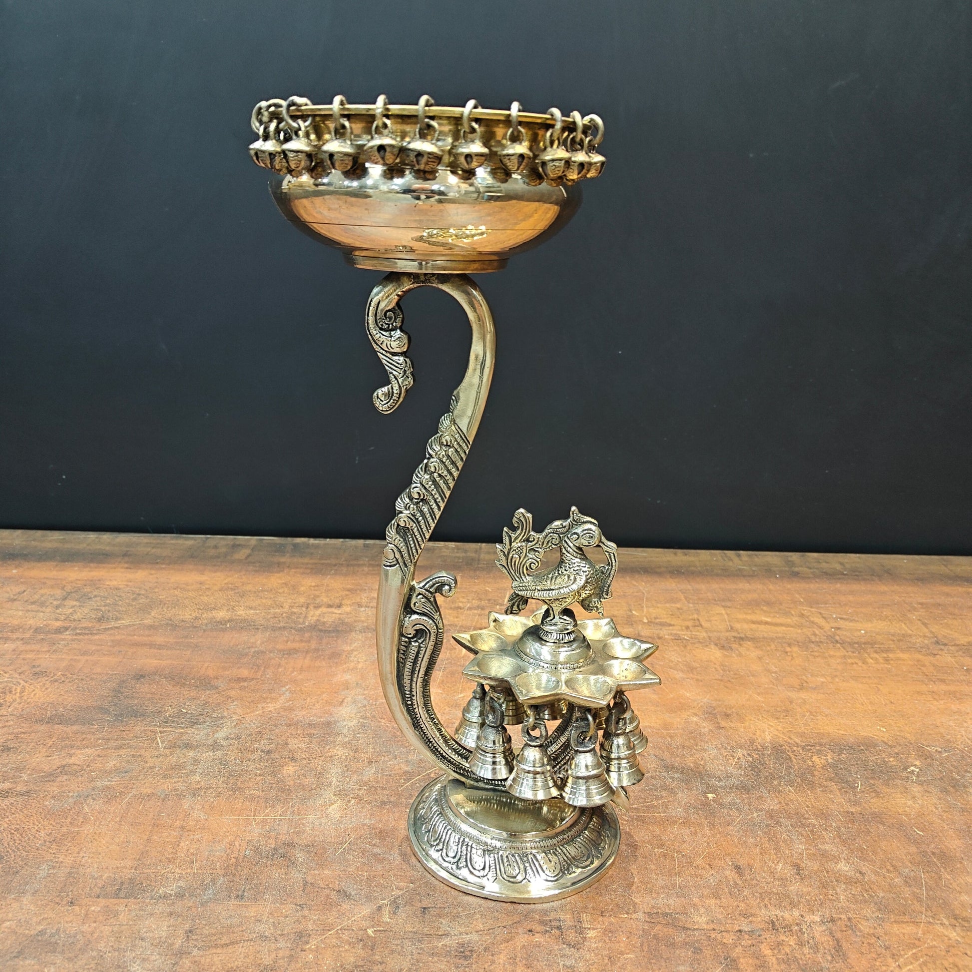 Brass Antique Peacock Urli with Diya and Hanging Bells 15'' - Eco-friendly - Sama Homes