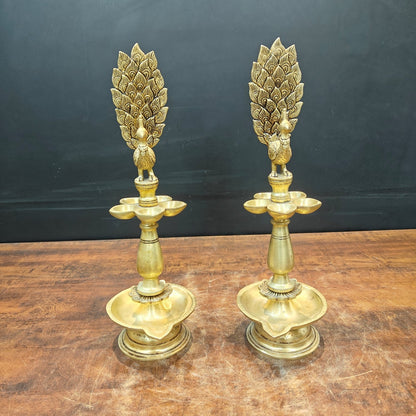 Brass Peacock Lamp Diya Pair Vilakku 17 Inches by vendor-unknown - Spiritual