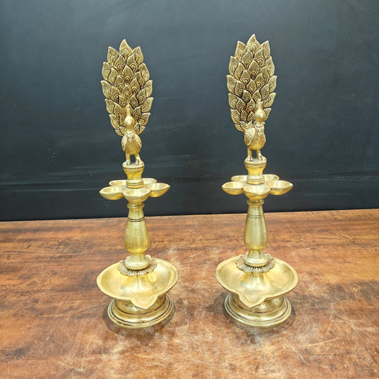 Brass Peacock Lamp Diya Pair Vilakku 17 Inches