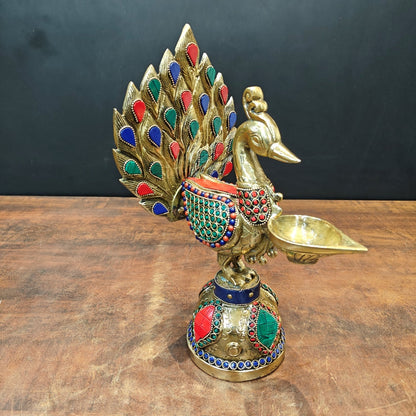 Brass Peacock Lamp Diya With Stone Work For Home Decor 12 Inches by vendor-unknown - Spiritual
