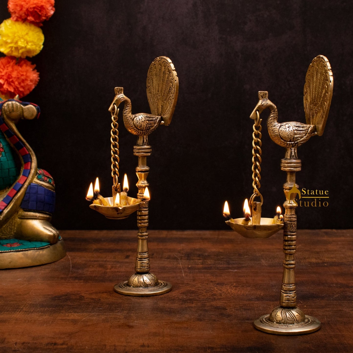 Brass Peacock Pair Diya Lamp For Home Temple Decor 9 Inch