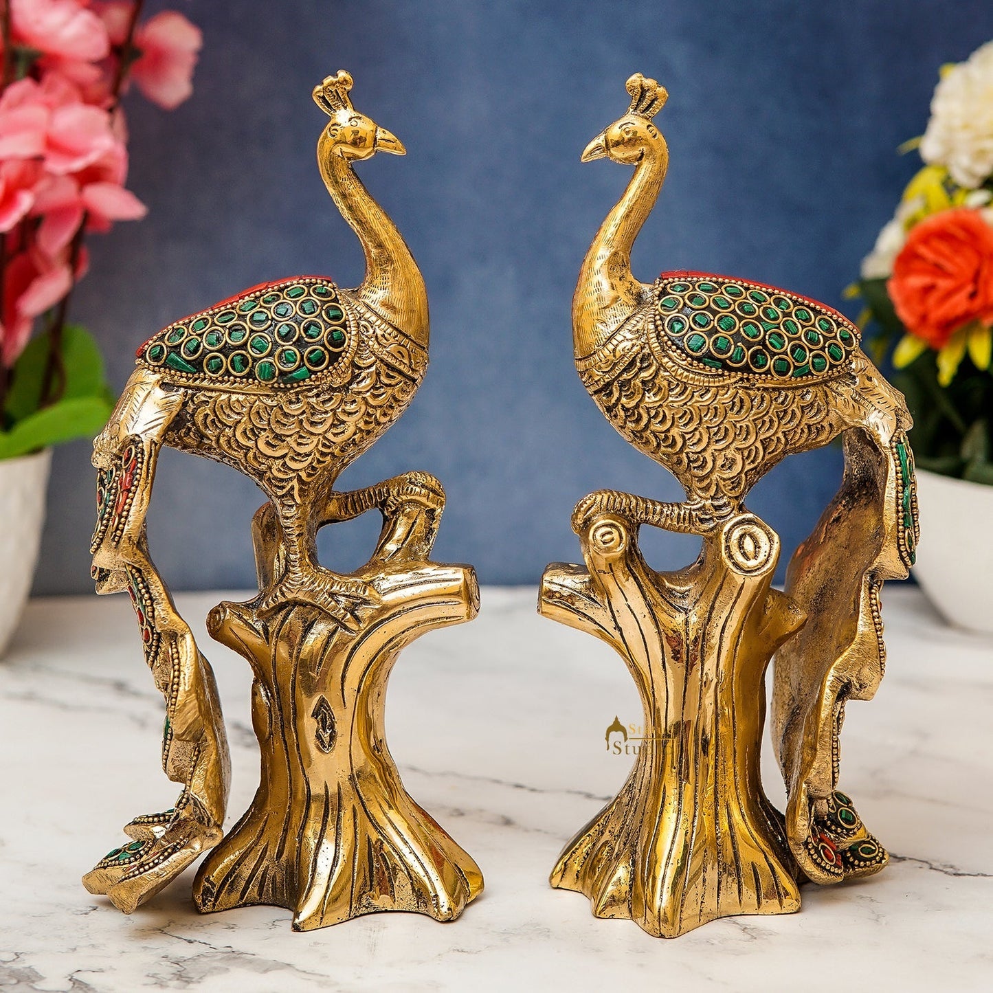 Brass Peacock Pair On Tree With Stone Work Showpiece For Table Decor 8"