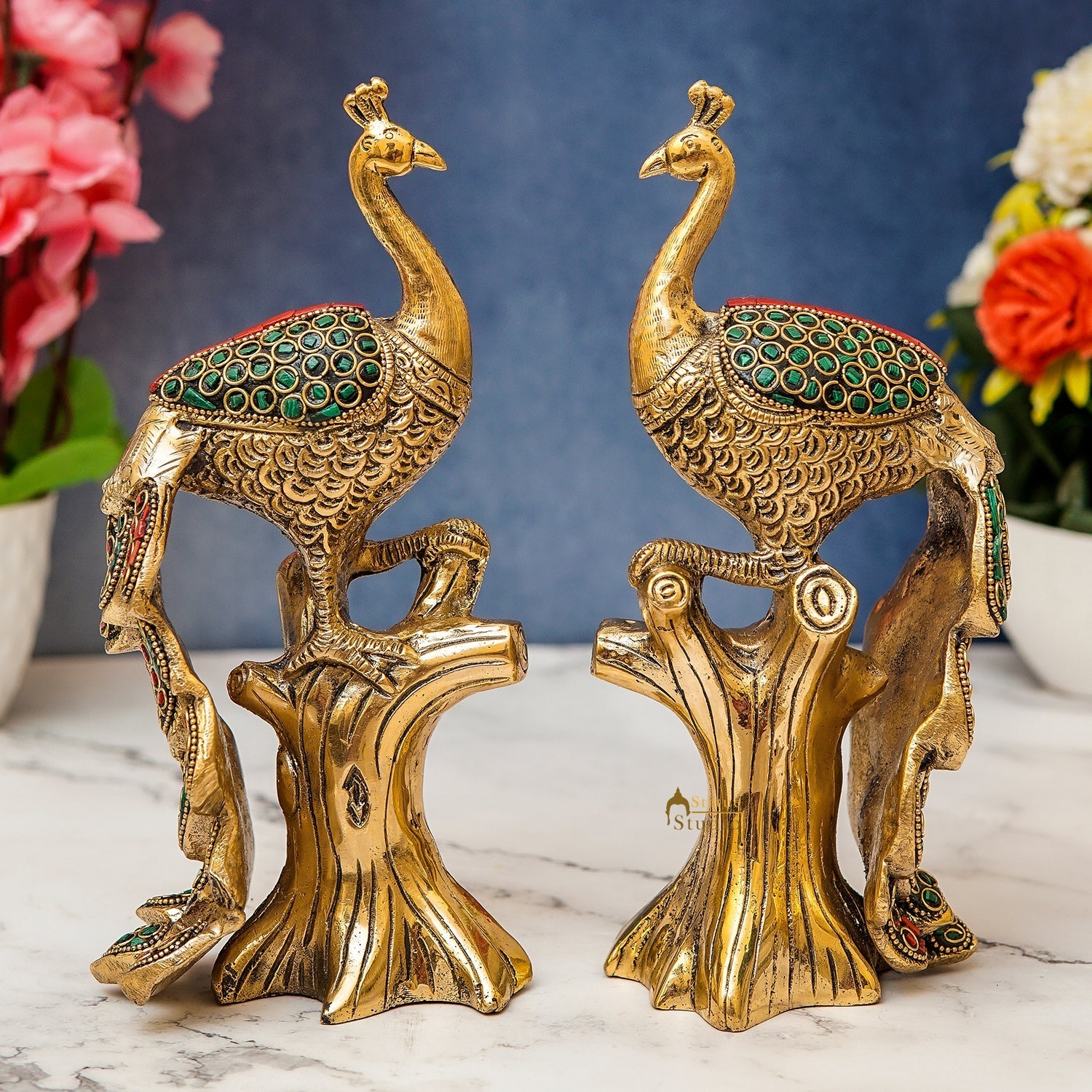 Brass Peacock Pair On Tree With Stone Work Showpiece For Table Decor 8" - Eco-friendly - Sama Homes