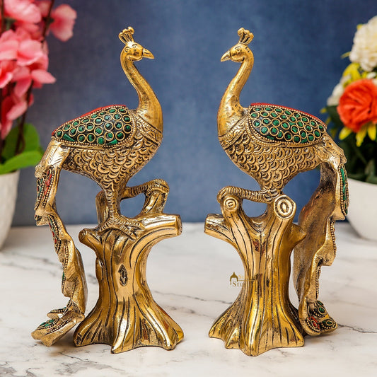 Brass Peacock Pair On Tree With Stone Work Showpiece For Table Decor 8"