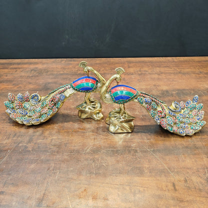 Brass Peacock Pair With Stone Work Showpiece 11 Inch by vendor-unknown - Decor