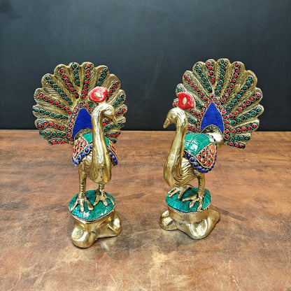 Brass Peacock Pair With Stone Work Showpiece For Home Decor 8 Inches by vendor-unknown - Decor