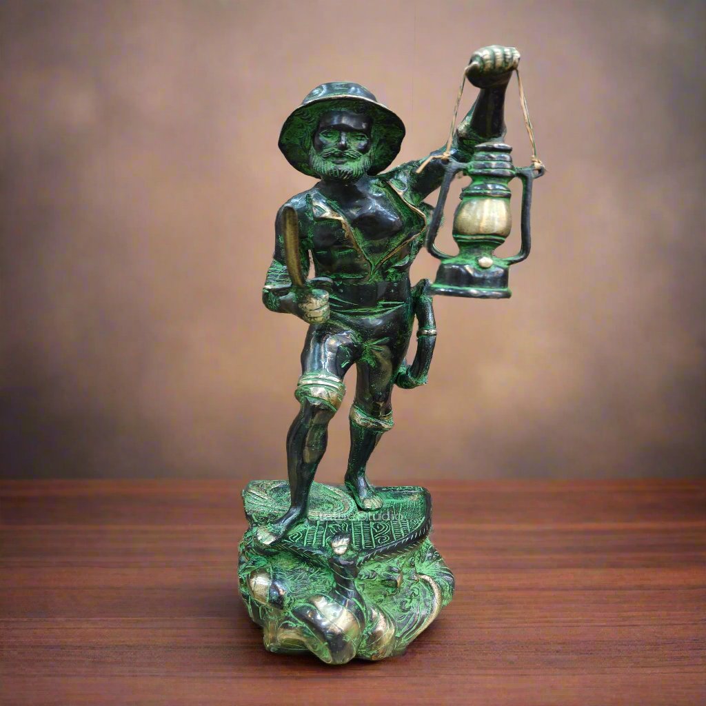 Brass Pirate Warrior Decor Showpiece With Lantern and Sword 1.5 Feet