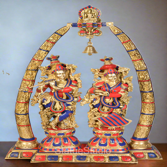 Brass Radha Krishna Idol Arch Stone Work for Home Temple Decor 4 Feet