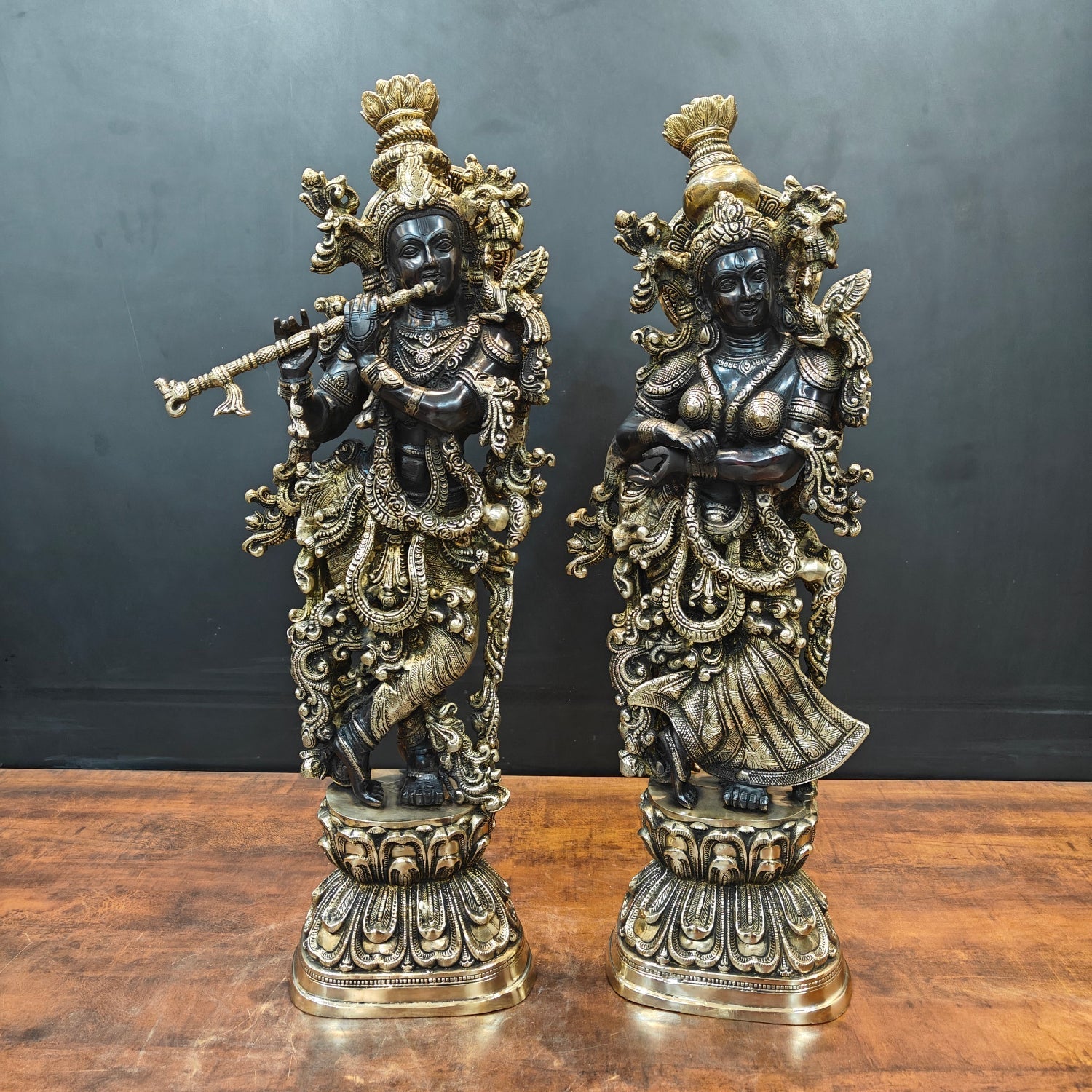 Brass Radha Krishna Idol Religious Black Patina Finish For Home Decor 29 Inch - Eco-friendly - Sama Homes