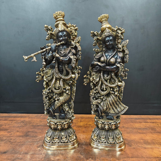 Brass Radha Krishna Idol Religious Black Patina Finish For Home Decor 29 Inch