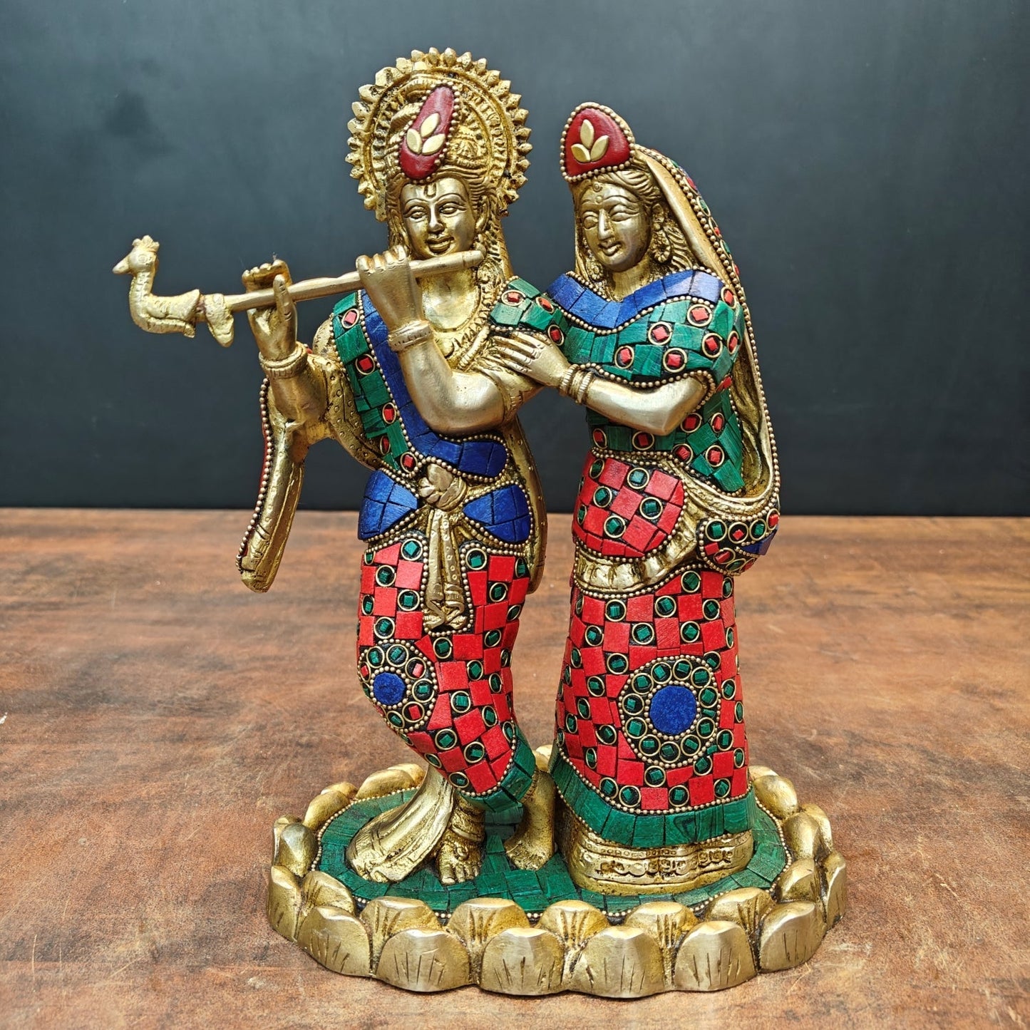 Brass Radha Krishna Idol With Stone Work For Home Decor 10 Inch