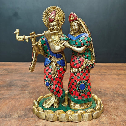 Brass Radha Krishna Idol With Stone Work For Home Decor 10 Inch by vendor-unknown - Hindu Gods