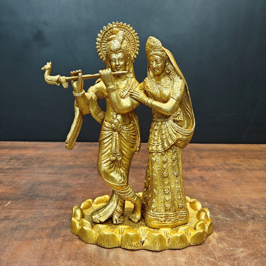 Brass Radha Krishna Idols Golden Finish For Home Temple Decor 10 Inch