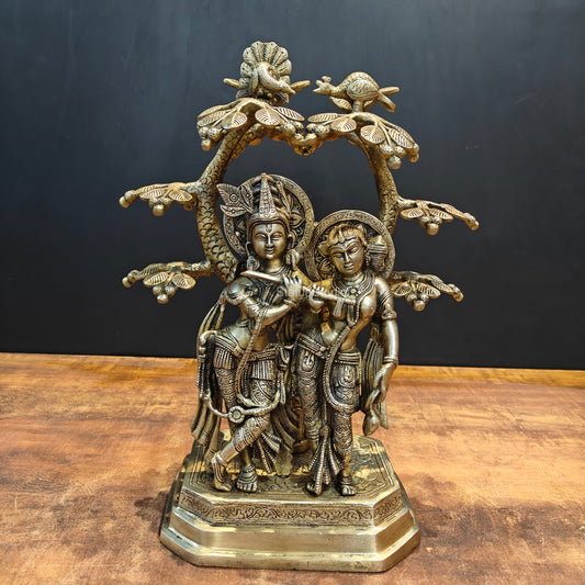 Brass Radha Krishna Idols Under Kalpvriksha Tree 17 Inches
