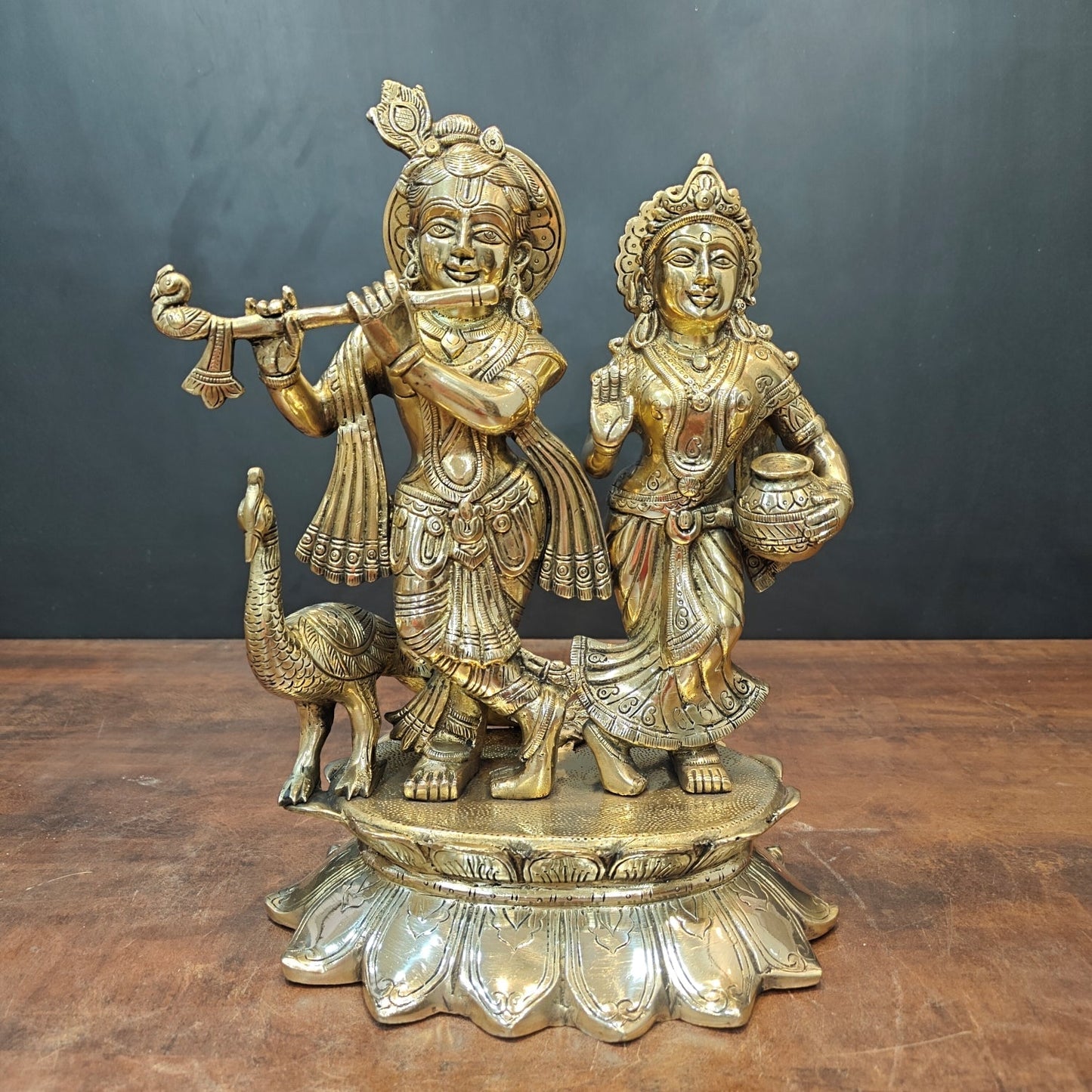 Brass Radha Krishna Idols With Peacock For Home Temple Decor 14 Inch