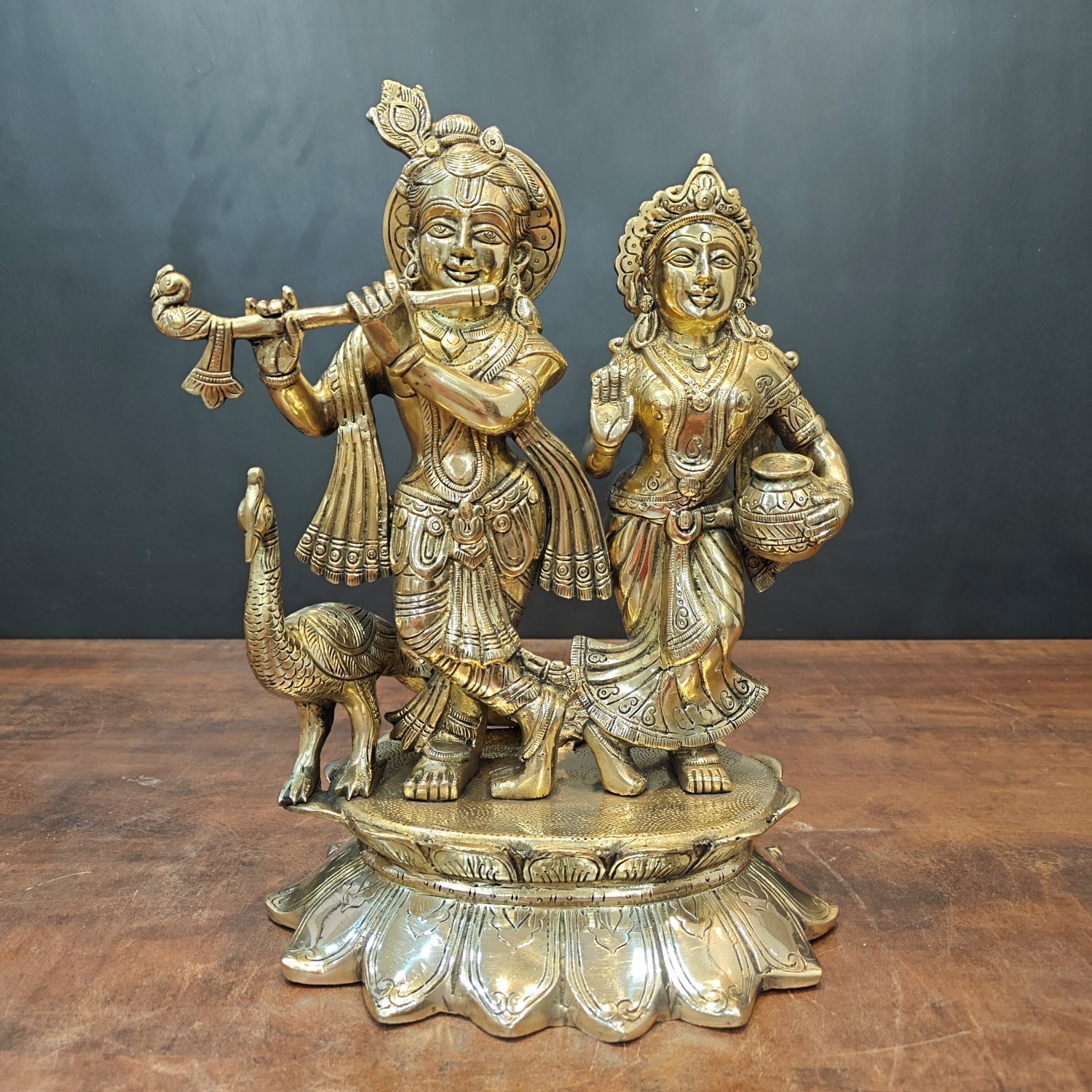 Brass Radha Krishna Idols With Peacock For Home Temple Decor 14 Inch - Eco-friendly - Sama Homes
