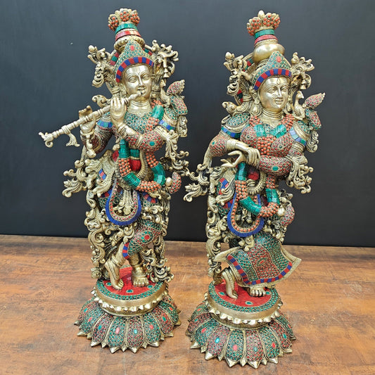 Brass Radha Krishna Idols with Lotus Base Stone Work 27 Inches