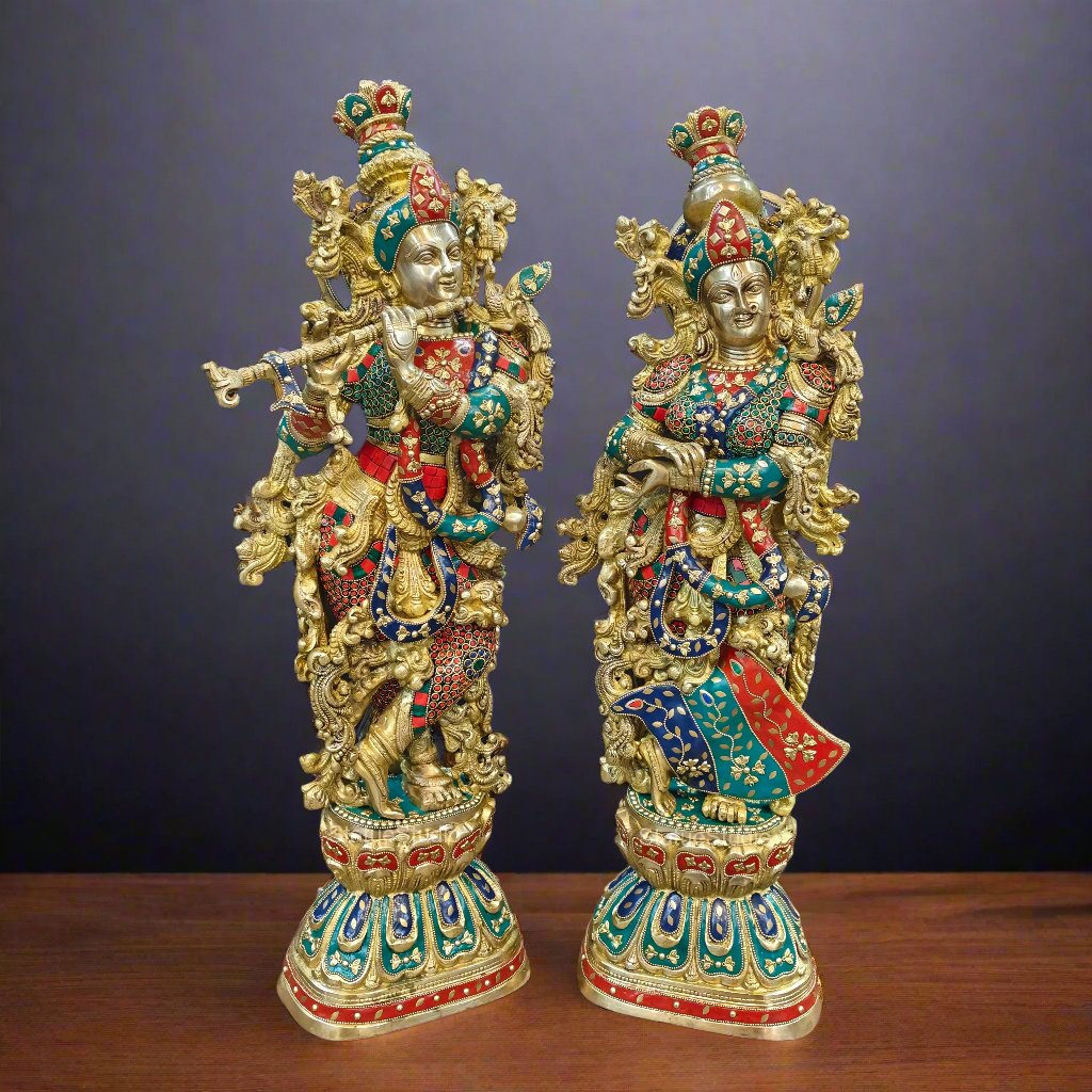 Brass Radha Krishna Idols with Meenakari jewel work - 29" Tall - Eco-friendly - Sama Homes