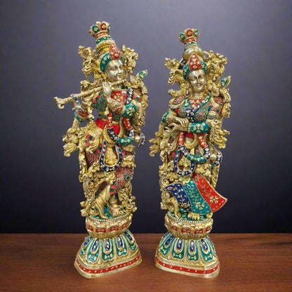 Brass Radha Krishna Idols with Meenakari jewel work - 29" Tall by vendor-unknown - Hindu Gods