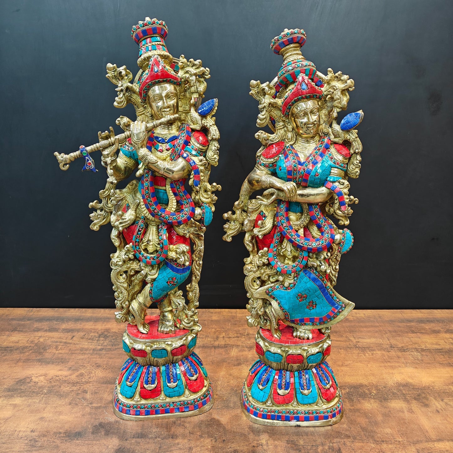 Brass Radha Krishna Idols with Stone Work 29 Inches