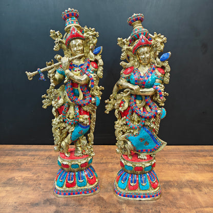 Brass Radha Krishna Idols with Stone Work 29 Inches by vendor-unknown - Hindu Gods