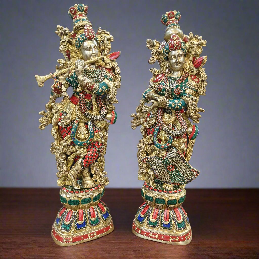 Brass Radha Krishna Idols with Stone Work 29 Inches Tall
