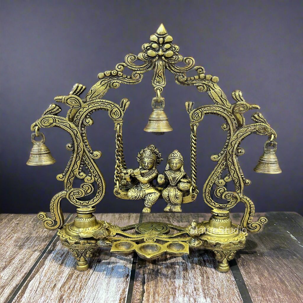Brass Radha Krishna On Swing Idol Antique Finish For Home Decor 14"