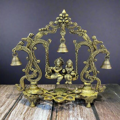 Brass Radha Krishna On Swing Idol Antique Finish For Home Decor 14" by vendor-unknown - Hindu Gods