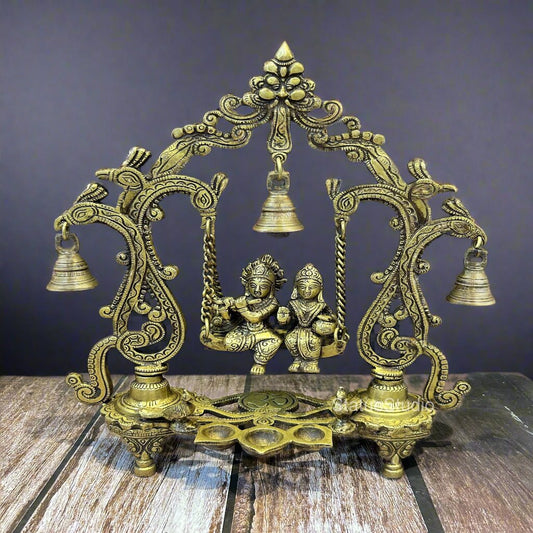 Brass Radha Krishna On Swing Idol Antique Finish For Home Decor 14"