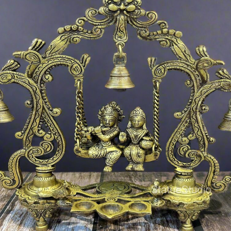 Brass Radha Krishna On Swing Idol Antique Finish For Home Decor 14"