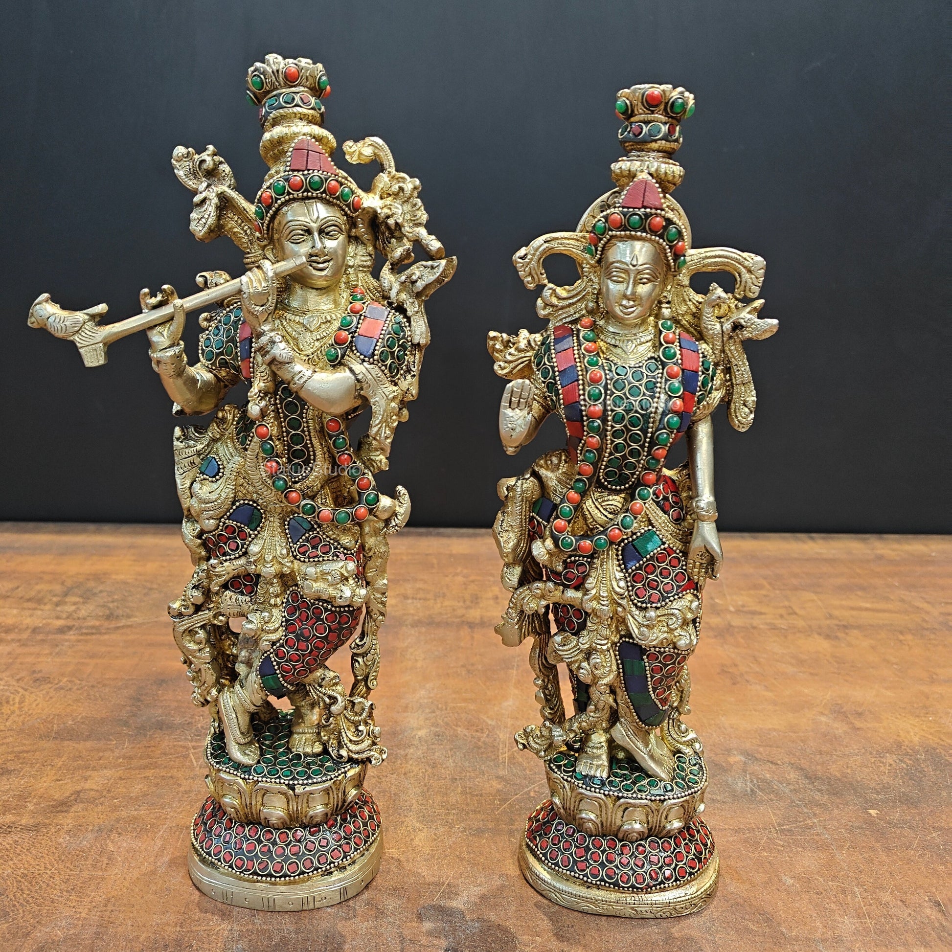Brass Radha Krishna Statue Stone Work 14 Inches - Eco-friendly - Sama Homes