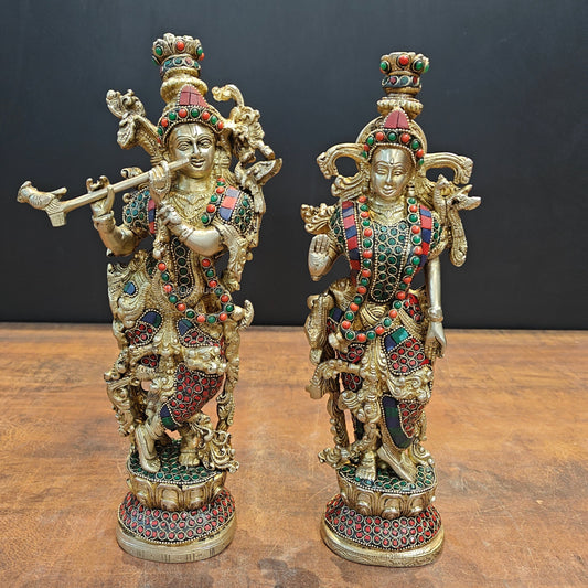 Brass Radha Krishna Statue Stone Work 14 Inches