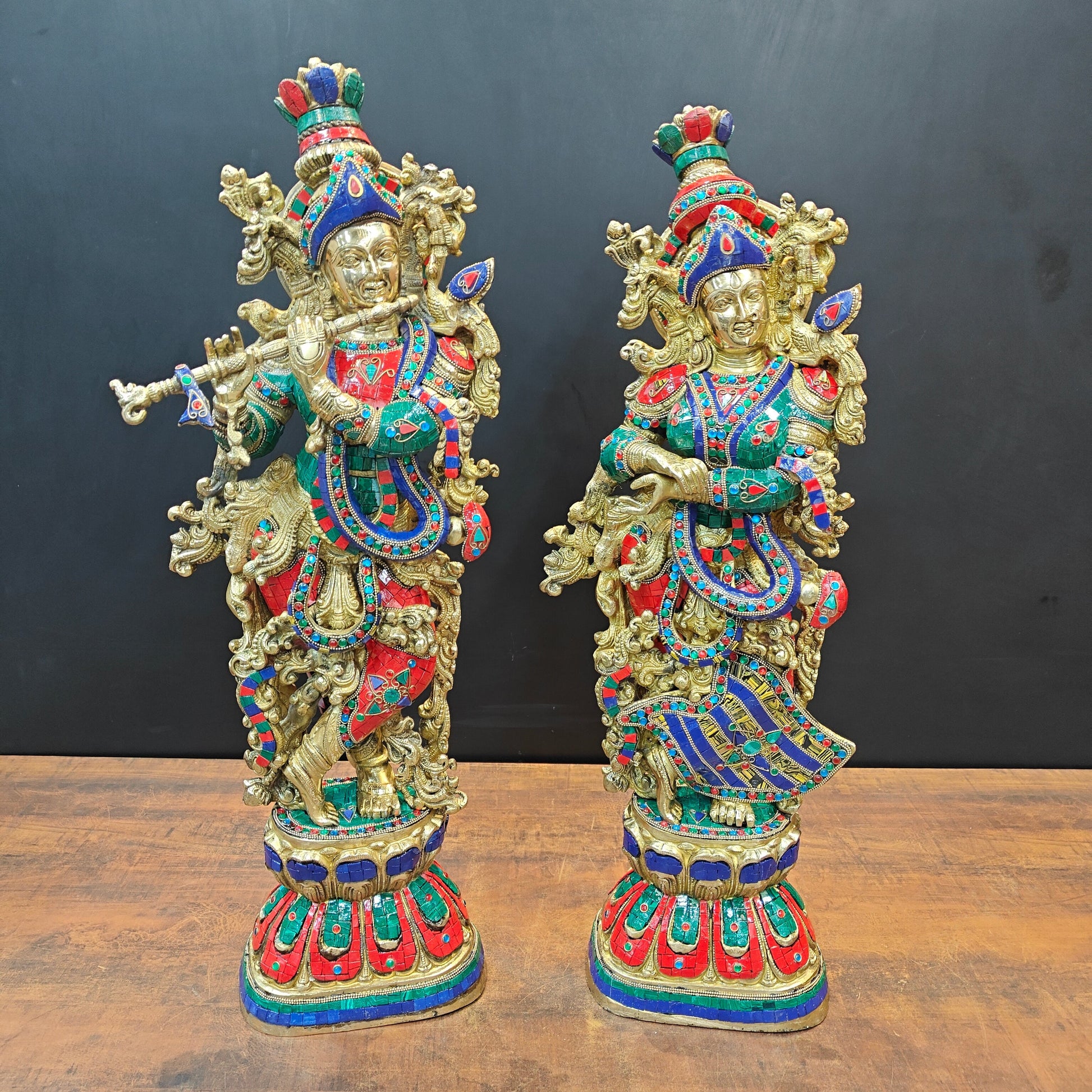 Brass Radha Krishna Statue with Stone Work 29 Inches Tall - Eco-friendly - Sama Homes