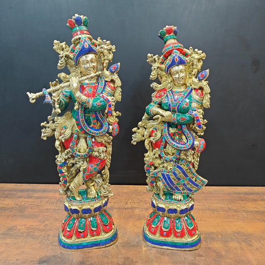 Brass Radha Krishna Statue with Stone Work 29 Inches Tall